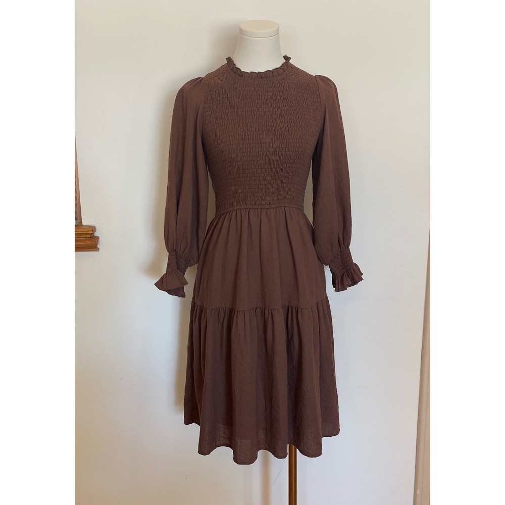 IVY CITY Chocolate Brown Girls Smocked Long Sleeve Dress Pockets Mock Neck 13/14